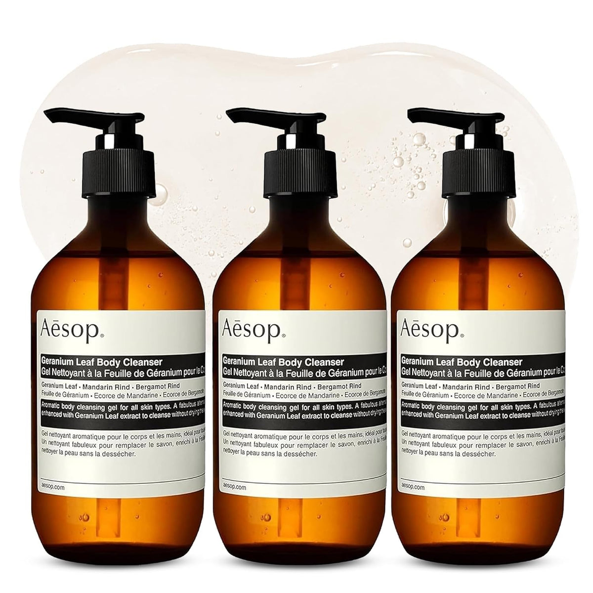 Aesop Geranium Leaf Body Cleanser | Non-Drying Gentle Cleanser | Geranium Leaf, Mandarin Rind, Bergamot Rind | 16.9 Oz / 500Ml (Pack of 3)