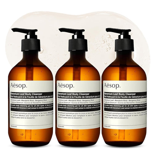 Aesop Geranium Leaf Body Cleanser | Non-Drying Gentle Cleanser | Geranium Leaf, Mandarin Rind, Bergamot Rind | 16.9 Oz / 500Ml (Pack of 3)